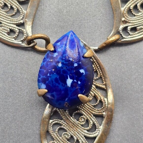 VTG West German Silver Filigree Necklace 16" Blue Glass Stone 1950s - Picture 4 of 13